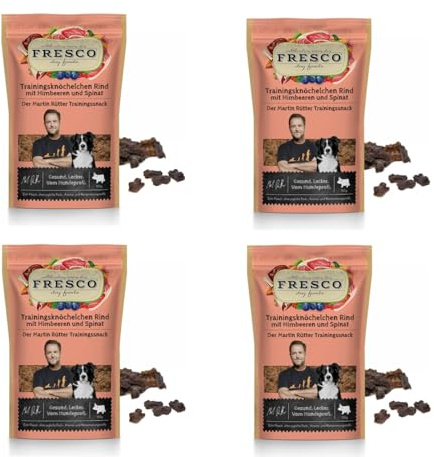 Fresco Martin Rütter Trainingsknöchelchen Rind mit Himbeeren und Spinat | 4er Pack | 4 x 150 g | Natürlicher Monoproteinsnack für Hunde | Getreidefreie Rezeptur