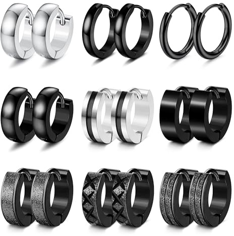 JeweBella 9 par örhängen för män ringar svarta ringörhängen för män kvinnor pojkar rostfritt stål örhängen klassiska små ringar örhänge set helix broskörhängen ring huggie örhängen herrsmycken,