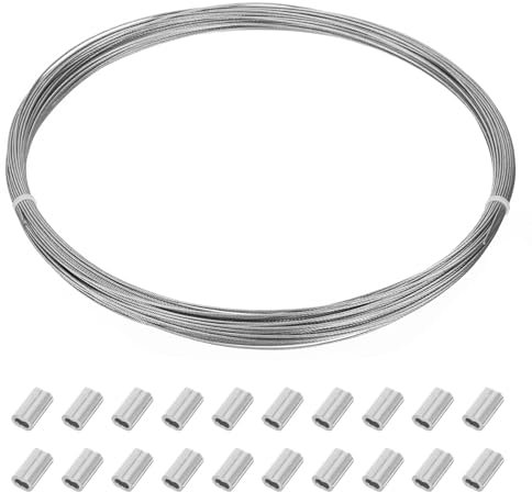 sourcing map 98.4ft (30m)316 Stainless Steel Wire Rope, 5/128 (1mm) 7x7 Standard Core for Boat Marine Hardware, Decking & Picture Hanging Kit with 20 Pcs Aluminum Crimping Sleeves