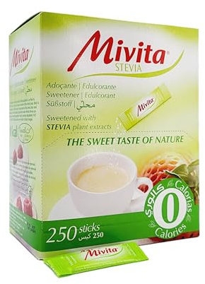 Mivita Stevia Sweetener 250 Sticks – zero calories sugar alternative, crunchy texture, lactose-free, gluten-free, zero glycemic index