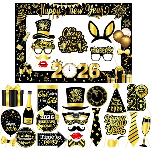LMSHOWOWO Silvester Deko 2026, Neujahr Papier Fotorahmen mit 28PCS 2026 Neujahr Foto Requisiten, Schwarz Gold Selfie Rahmen, für Weihnachten Geburtstag Silvester Party Dekorationen