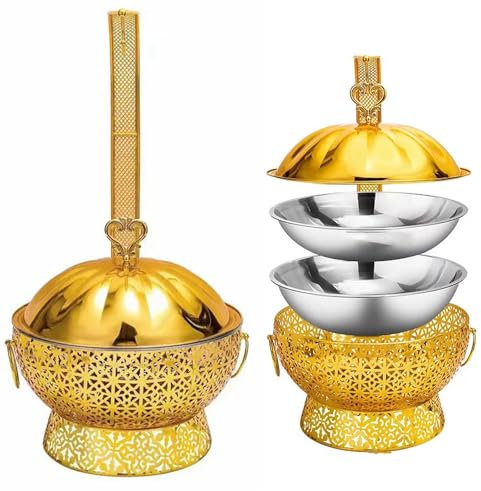 Set da buffet in acciaio inox per pentola calda - Vassoio da buffet con coperchio sospeso, server a buffet e riscaldatore, attrezzatura per contenitori di riscaldamento ali(Size:6L, Color:Oro)