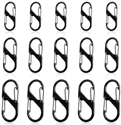 ZAOHUI Small Carabiner Clips, S Clips, Mini Carabiner Clip, 15 Pcs, 3 Sizes | Carabiner Keyring Clip, Dual Spring Snap Hooks for Outdoor Hiking, Camping, Fishing, Traveling(Black)