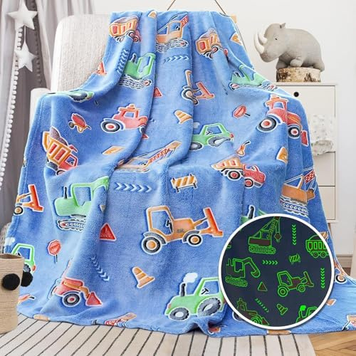 Famitile Glow in The Dark Excavator Blanket Construction Tractor Trucks Throw for Boys and Girls Blankets for Kids Toddler Cars Gifts for Boy (50x60, 4)