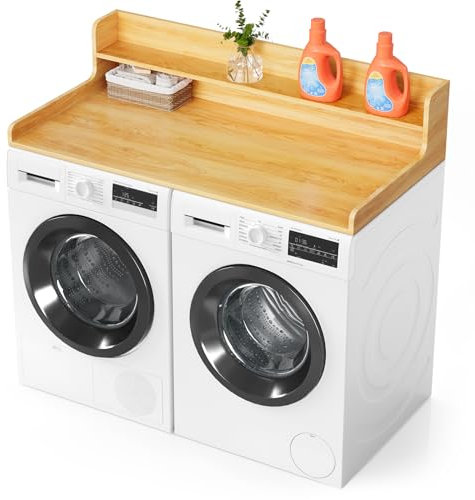 SpaceAid Washer Dryer Countertop with 2-Tier Shelf, Wood Topper with Edge, 54 Width x 27.5 Depth Cover Organizer Guard for Washer and Dryer Counter Laundry Hamper Storage (Maple Wood)