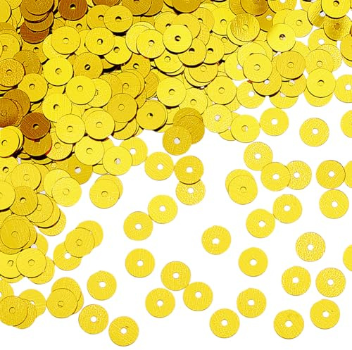 DICOSMETIC Lentejuelas doradas de 6000 unidades, 100 g, 6 mm, redondas, sueltas, paquete grande, partículas redondas con agujero para manualidades, costura, bordado, pendientes, manualidades