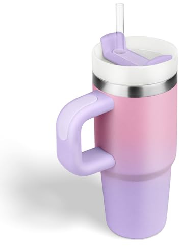 Bestaa Tumbler da 14 oz con manico e paglia, tazza termica con cannuccia, tumbler con coperchio e paglia, acciaio inox 304, scuola sport all'aria aperta, sfumato, rosa lilla