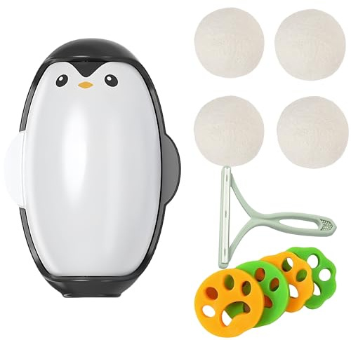 4-in-1 Ultimate Pet Hair Eradication Suite Reusable Penguin Lint Roller + 2-Sided Grooming Brush + 4pc Washing Machine Catchers + Dryer Wool Balls | Anti-Static, Fur-Free Home Solution for Cats/Dogs