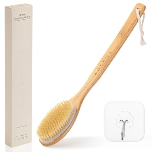 Premium Shower Brush with Long Handle – One-Piece Solid Design – Soft Natural Bristles – for Wet and Dry Brushing – Natural Skin Exfoliation and Glow