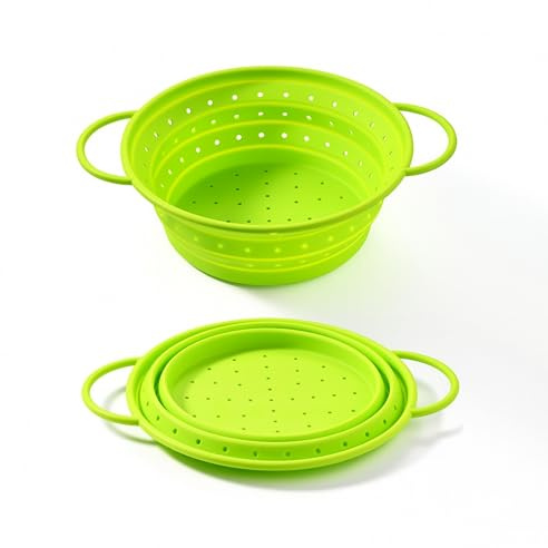 CLOVE Set 2 Silicone Scolapasta Pieghevole Salvaspazio Piccolo 22cm e Grande 26cm, Scola Pasta con Manico Rinforzati in Acciaio Inox Scola Insalata a Centrifuga per Pentola e Lavello Colapasta Cucina