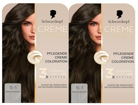 Schwarzkopf Creme Supreme Coloration 5-1 Kühles Braun (2x182 ml), dauerhafte Haarfarbe mit Serum und Haar-Maske schützt vor sichtbaren Haarschäden, für 100% Grauabdeckung