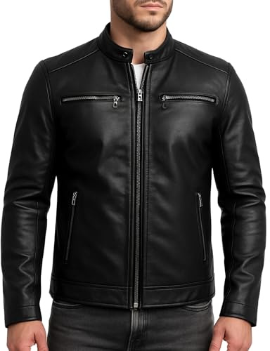 TRESSANO Giacca da motociclista in vera pelle nera da uomo, vestibilità aderente, con tasche con cerniera e colletto alla coreana, nero, XXX-Large