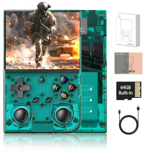 SpedUpX RG35XX Pro Retro Handheld Game Console, 3.5 Inch IPS Screen Linux OS Built-in 64G＋256G TF Card, Retro Video Games Consoles 3200mAh Battery（Clear Green）