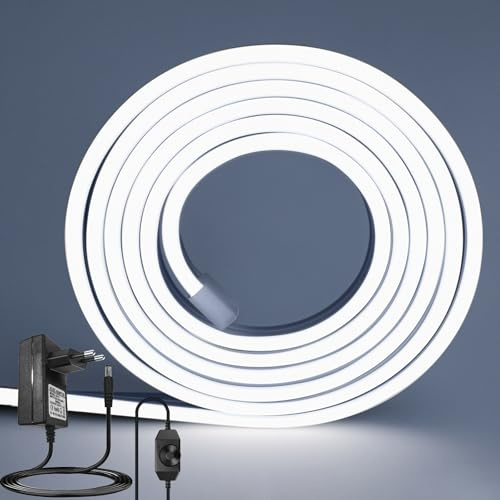ROMANJOY 10m LED Streifen 10m Kaltweiß 6500K aus echtes Silikon (kein PVC) | flexibel, keine Lichtpunkte, dimmbar & schneidbar (5cm), IP67 (Stecker trocken) – für Küche, Werkstatt & Büro