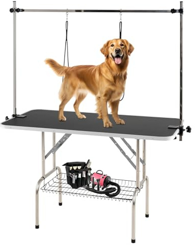 GOPLUS Table Toilettage Réglable pour Chiens, 125 x 60 x 162,5 CM, Toilettage du Chien Pliable avec Structure Métallique, Hauteur Réglable, Idéal pour Chiens Différents Tailles, Charge 150 kg