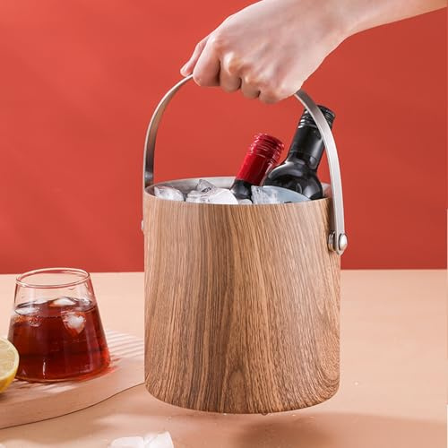 Seau à glace isotherme en acier inoxydable avec couvercle en bois et pince – Double couche de capacité de 2 L/3 L pour bar, fête, dîner et camping – Solution parfaite de stockage de glace