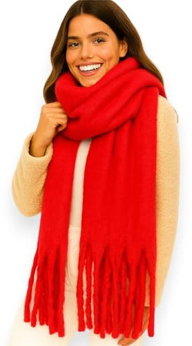 Ziona Damen Schal Winter XXL – kuschelig weich, breit & warm – mit Fransen, einfarbig, Herbst Accessoire aus 100% Viskose, 175 x 50 cm (Rot)