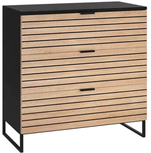 Bellamio Luvua Kommode – Sideboard in schwarz mit Eichen-Front – Lowboard mit 3 Schubladen – Aufbewahrungskommode für Wohnzimmer, Schlafzimmer, Flur – Holz Schrank 80 x 40 x 80 cm (HxTxB)