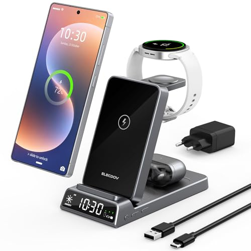 Elecdov Wireless Charger for Samsung, 3 in 1 Charging Station with Clock | Foldable Wireless Charging Station for Samsung Galaxy S25/S24/Z Flip 7/Bud 4/3, Watch Charger for Samsung Galaxy Watch 8/7/6