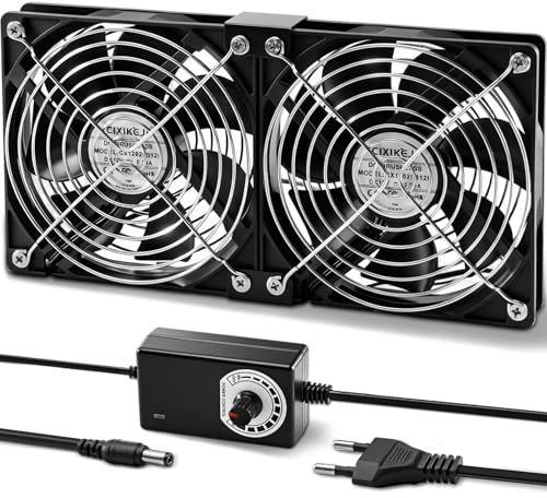 Silkwish 2 x 120 mm fläkt 12 V PC-fläkt med hastighet | 120 mm tyst kylfläkt med metallgrillskydd, 220 V–240 V ventilation, värmeavledningsfläkt för dator, server, router, skåp
