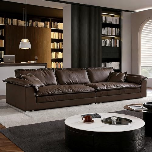 Italiensk lyxig enkel mörk kaffefärgad lädersoffa, massiv träram, rymlig mjuk soffa, modern stor storlek, lämplig för vardagsrum/kontor/lägenhet.