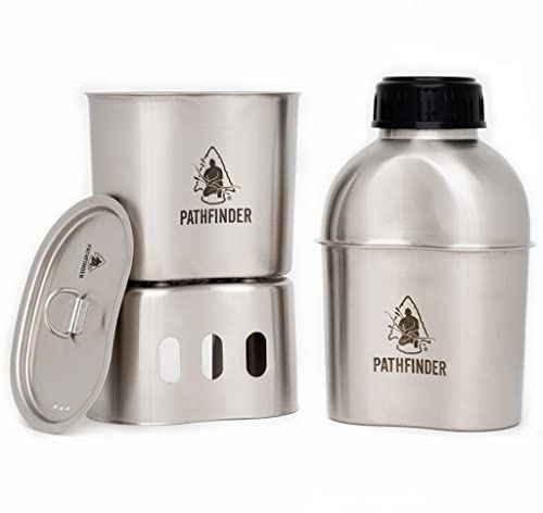 The Pathfinder School Metal Canteen Cooking Set - Survival Gear - Camping Essentials Mess Kit - Military Grade Outdoor Eating Kit - Hiking and Trail Cook Set