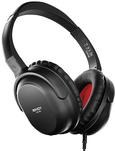 Lindy NC-60 Wired Active Noise Cancelling (ANC) Headphones, 40mm Drivers, Comfortable, Light, Carrycase, 1.5m Audio Cable, 3.5mm Jack, 6.3mm Adapter, Black