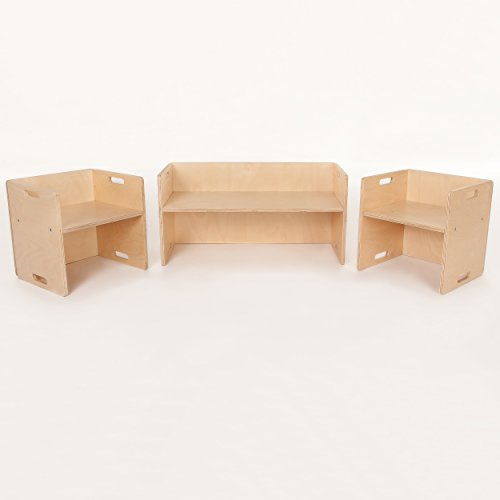FLIXi Kindermöbel Set – 2 Kinderstühle – eine Sitzbank - Sitzgruppe aus Holz – mitwachsende Möbel mit Wendehocker – aus Birken-Multiplexholz