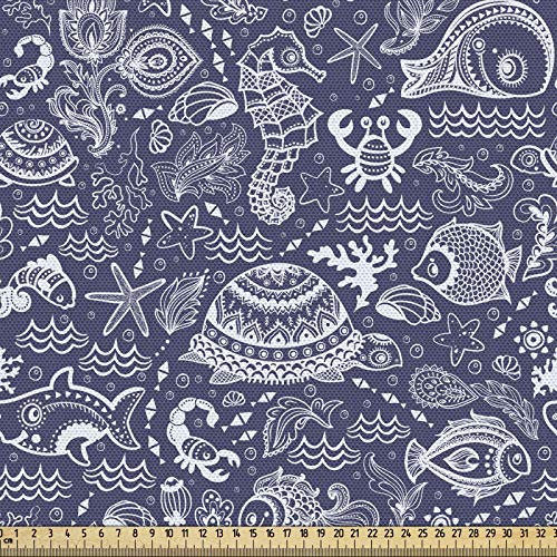ABAKUHAUS Unter dem Meer Gewebe als Meterware, Muscheln und Pflanzen, Schön Gewebten Stoff für Polster und Wohnaccessoires, 1M (148x100cm), Marineblau Weiß