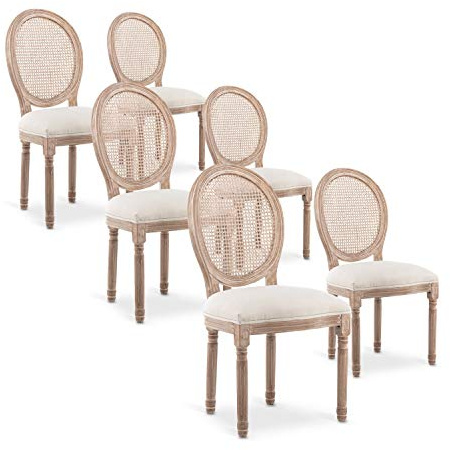 INTENSE DECO Lot de 6 chaises médaillon Louis XVI Cannage Rotin Tissu Beige