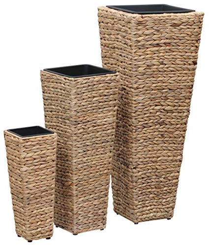 yorten 3er Set Blumentopf Pflanzkübel Gro? und Mittelgro? und Klein Pflanzentopf aus Wasserhyazinthe und Stahlrahmen Braun mit 3 Kunststoff-Innent?pfen