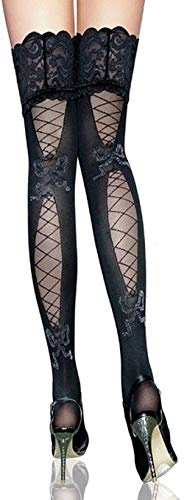 krautwear Stay-ups för kvinnor, strumpbyxor, strumpor, spets (svarta-BL2076)