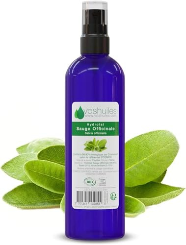 VOSHUILES - Hydrolat de Sauge Officinale COSMOS - 200ml - Pur et Naturel - Régulateur Sébum et Transpiration - Sommités Fleuries - Purifiant Peau et Cheveux
