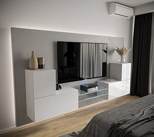 Furnitech Wohnwand Wohnzimmer | Hängend Wohnwand Modern | Wohnzimmer Schrankwand mit Regale und TV Schrank | Wohnzimmer Möbel ohne LED (AN96-21W-HG2 1A)