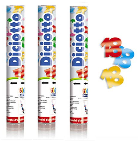 3x Cannone Tubo Sparacoriandoli CORIANDOLI con coriandoli a forma di numero 18 - Multicolor Metal - TUBO da 30cm - ideale per diciottesimo compleanno, feste o party