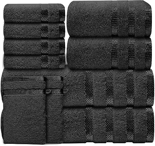 Casabella Luxury Bath Towel Set- 10 Piece Towels for Bathroom 100% Cotton-2 Bath Towels, 2 Hand Towels, 4 Face cloth & 2 Body Wash Gloves Highly Absorbent Hotel Quality Towel Bale Set Black