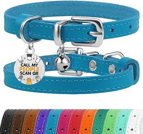 BRONZEDOG Katzenhalsband aus Leder mit Glöckchen, Nicht abreißbar, QR-Tag für Mädchen und Jungen (Blau und Silber, 23-28 cm)