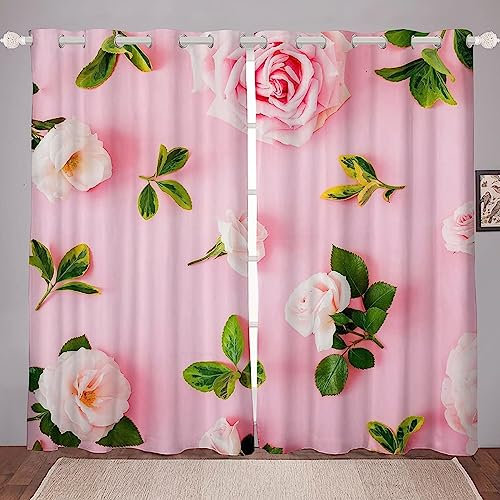 SJSXWQN Flower Curtains Pink Rose Eyelet Blackout Curtains Thermal Insulated Curtains for Bedroom, Noise Reduce Curtains for Living Room, Kitchen, Nursery, Office - (2 Panels, W46 x L54)