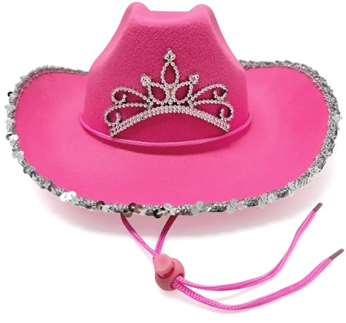ZOOMPIL Pink Cowgirl Hat with Silver Tiara - Adjustable Felt Cowboy Hat for Women - Secure Fit & Dance-Proof for Nashville Bachelorette Party, Space Cowgirl Costume & Country Concerts