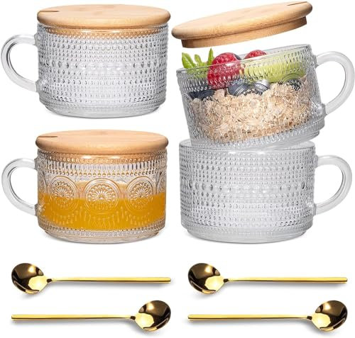 Litimkat 4 Piezas Tazas de Café Vintage, Vasos de Latte Macchiato, con Tapa y Cuchara, Tazas de Desayuno, para Capuchino, café con Leche, Cereales, Leche, cumpleañosRegalo
