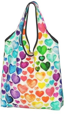 Jmorco Rainbow Hearts Große wiederverwendbare faltbare Damen-Einkaufstasche Eco Tote Handtasche faltbar Shopper Tasche, Regenbogen-Herzen, Einheitsgröße