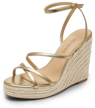 DREAM PAIRS Strappy Espadrille Platform Wedge Sandals for Women Dressy Summer, Comfortable Open Toe Sandals with Cushioned Insole and Ankle Strap Buckle,Size 9,Gold,SDPW2421W