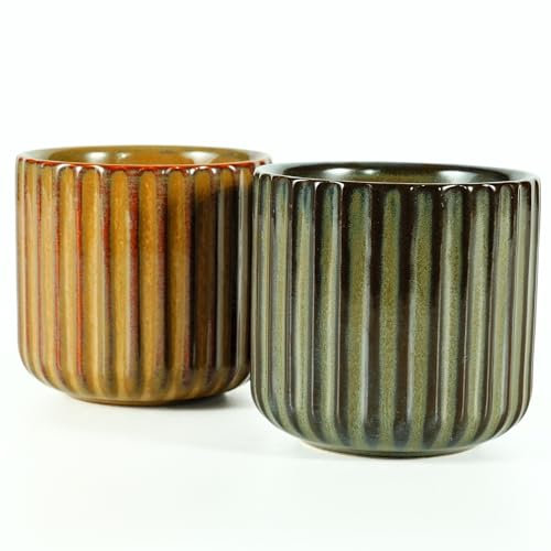 Erkundpresso. Lot de 2 Tasses à Expresso 180ml Sans Anse, Céramique Artisanale, Tazas de té japonesas, Épaisse Paroi, Lave-vaisselle & micro-onde, Coffret Cadeau - Bronze + Marron