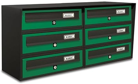 ALUBOX Briefkastenanlage 6 Fächer Slim 37,8x77,5x30 cm aus Verzinktem Blech und Aluminium Außenbriefkasten mit Entnahmeschutzsystem (ANTHRAZIT UND GRÜN)