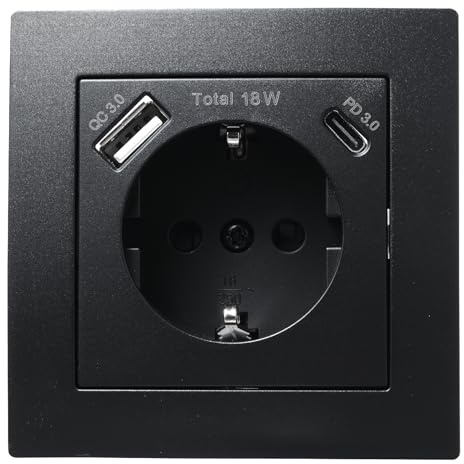 McPower Steckdose mit 1x USB-C - 18W Quickcharge + 1x USB-A | FLAIR | 250V~/16A, Unterputz Wandsteckdose mit Einsteckschutz matt Schwarz