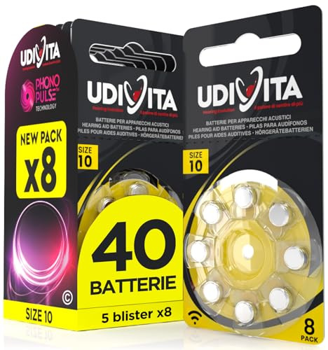 40 Hearing Aid Batteries Size 10 Udivita PR70 (Yellow) - 5 Blisters of 8 Batteries