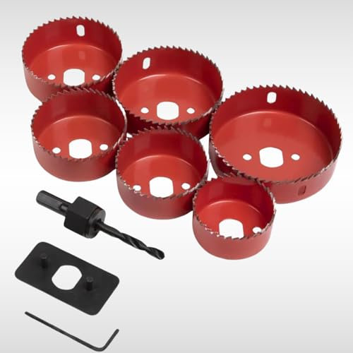 Dunnet Tools Downlight Holesaw 9 Piece Set 51mm, 60mm, 64mm, 70mm, 76mm & 86mm Steel Hole Saw Cutters, Arbor and Accessories Ceiling Downlighter Installation Kit for Plasterboard, Plastic & Wood