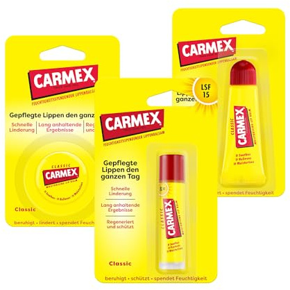 Carmex Classic Stick, rör och degel – läppvård för torra läppar, läppbalsam, fuktgivande och lugnande för spruckna läppar, med vaselin, E-vitamin och bivax – (set om 3)