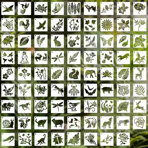 YBCCBY 80 Stück Schablonen Set zum Malen Tiere Blume Malschablonen Wiederverwendbar Malvorlagen 7.6 * 7.6cm Zeichenschablonen Malerei Vorlagen Zeichenvorlagen für Scrapbook Fotoalbum