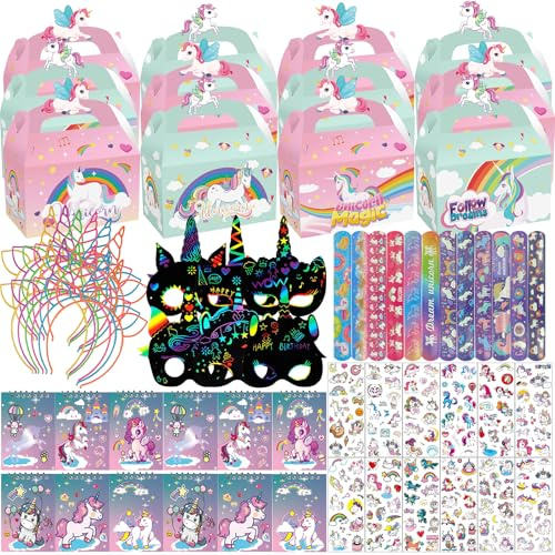 NlsqEU 84 Stück Einhorn Geburtstag Geschenktüten für Kindergeburtstag, Masken, Stift, Kopfbedeckung, Schnallenarmband, Notizbuch, Einhorn-Themenaufkleber, Partyzubehör